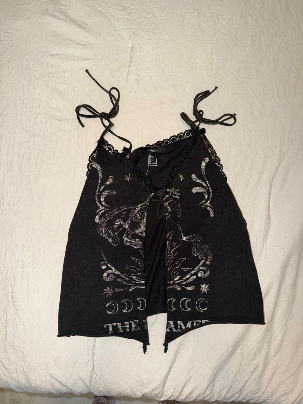 Forever 21 Black Printed Lace-Trim Sleep Cami with Metallic Horse Print